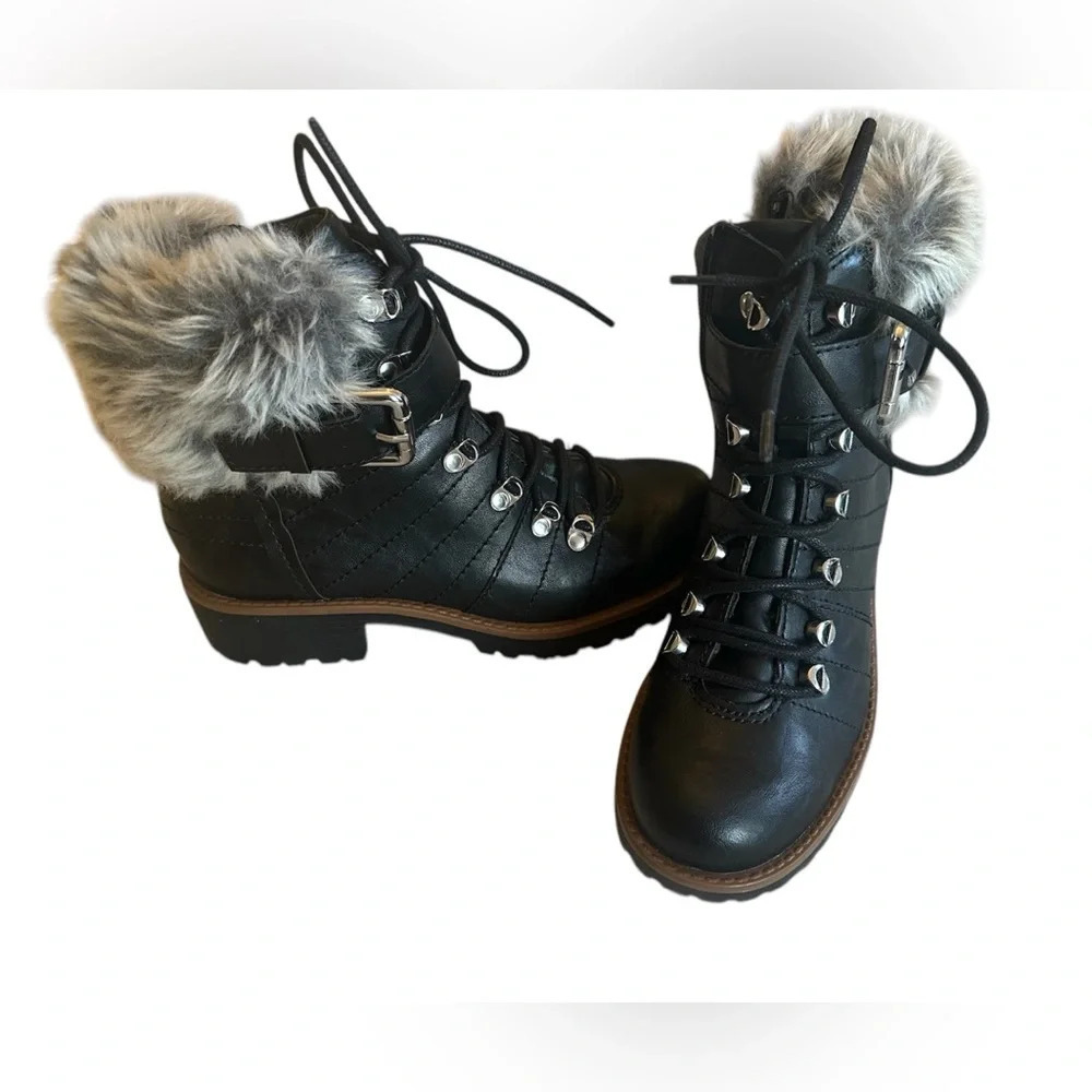 Sun + Stone Black Faux Fur Combat Boots Lug Sole Utility Streetwear Grunge Sz 6